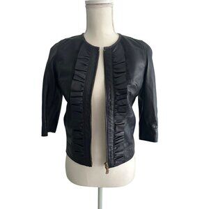 RED VALENTINO Ruffle Leather 3/4 Sleeve Zip Jacket Size 2